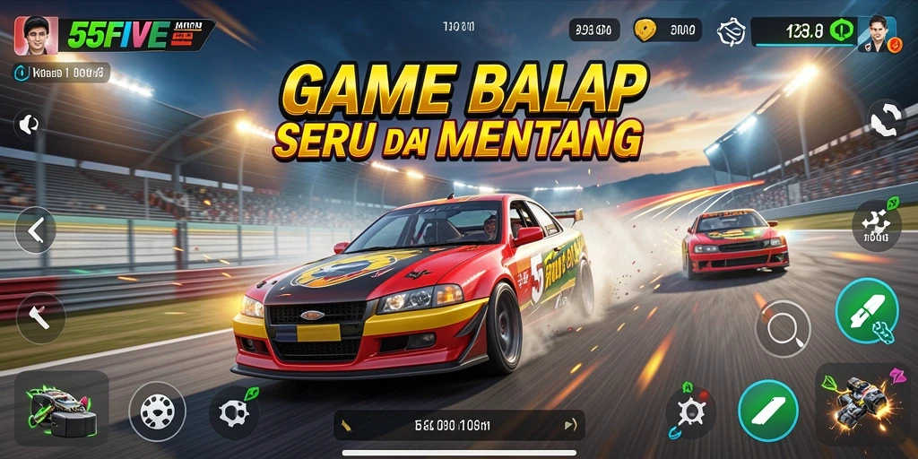 Screenshot gameplay balap di 55FIVE dengan mobil menakjubkan.