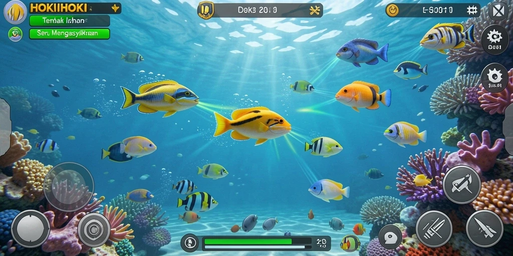 Screenshot gameplay HOKIHOKI menampilkan aksi menangkap ikan di bawah laut.